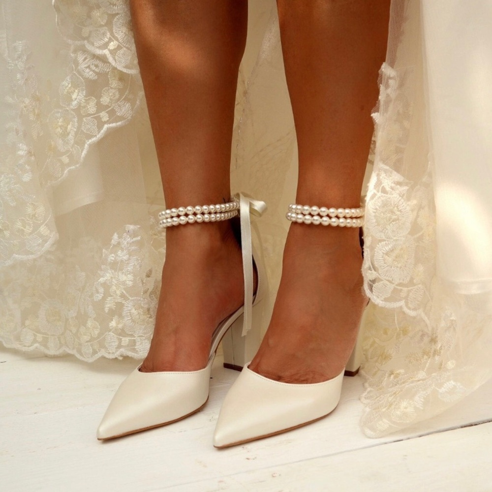 Ivory Bridal Block Heels with Pearls